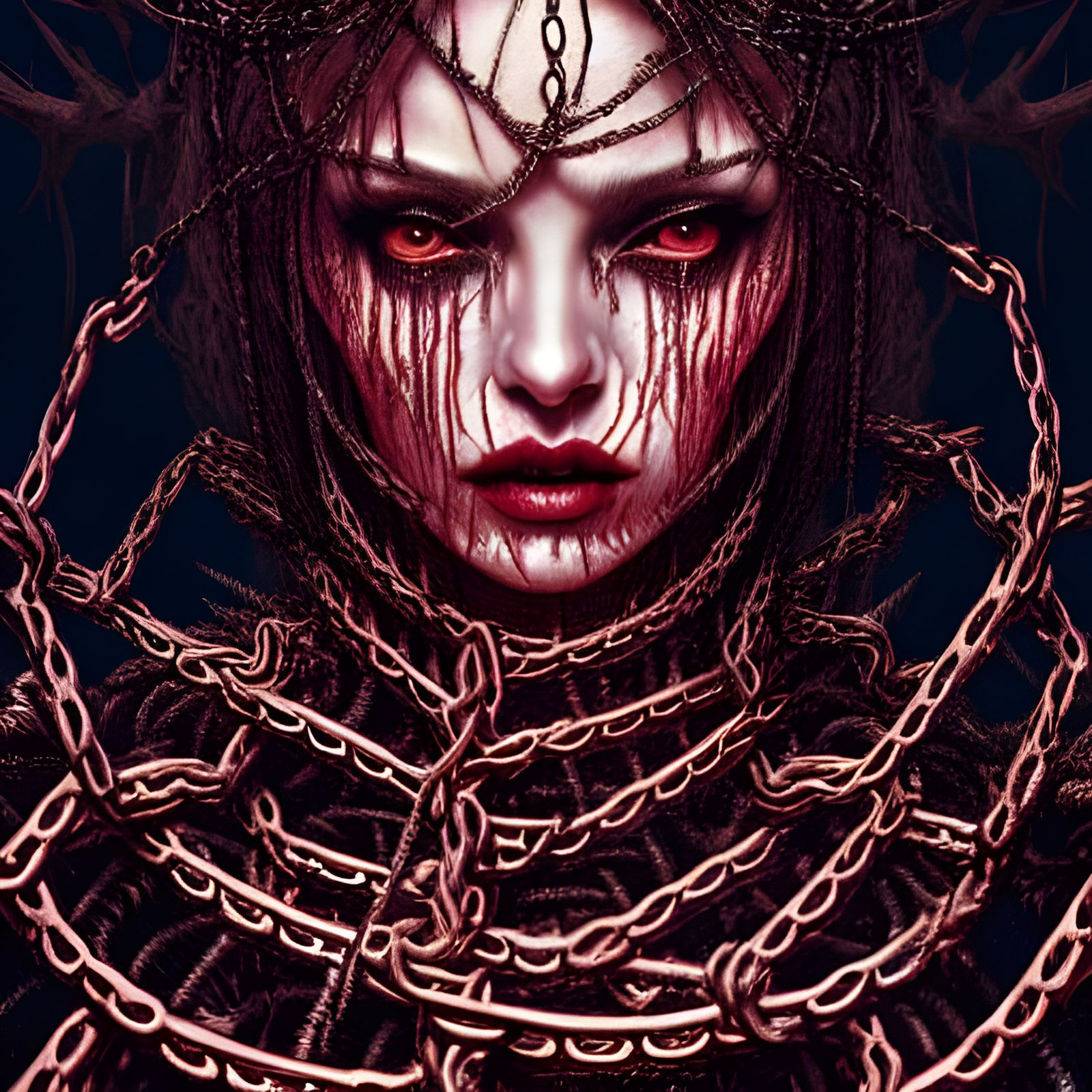 Female Demon Portrait with Chains and Neon Blood