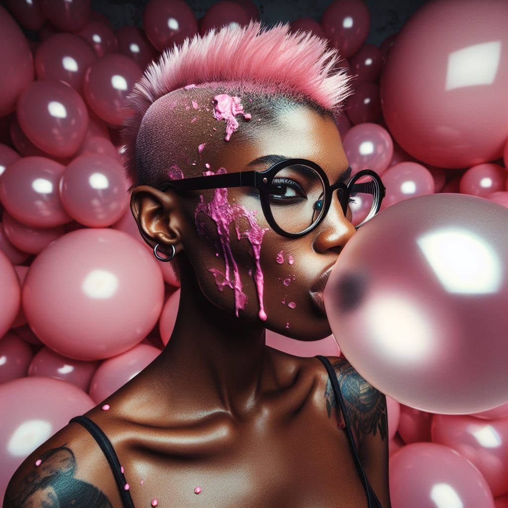 Punk Woman Blowing Pink Bubblegum in Balloon Room