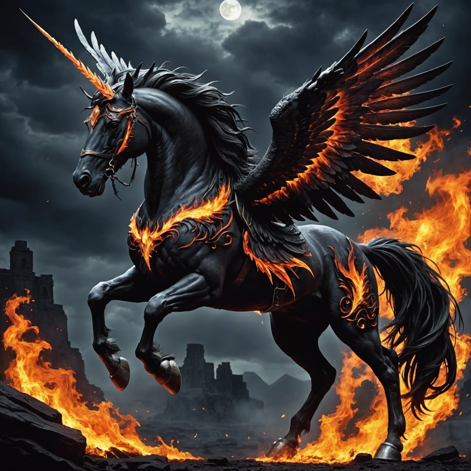 Fiery Dark Pegasus in Flight