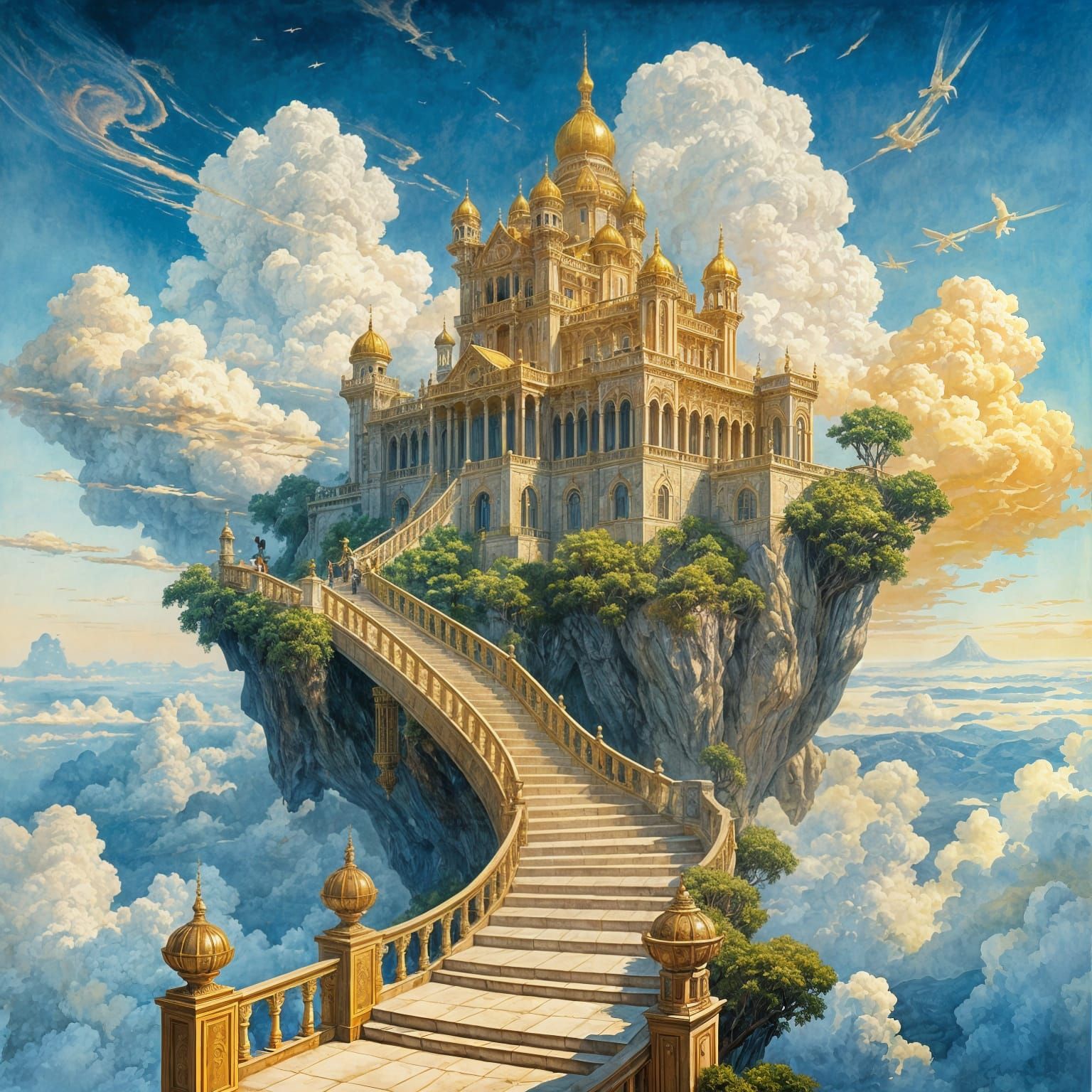 Fantastical Palace in the Sky: Stylized Watercolor Painting