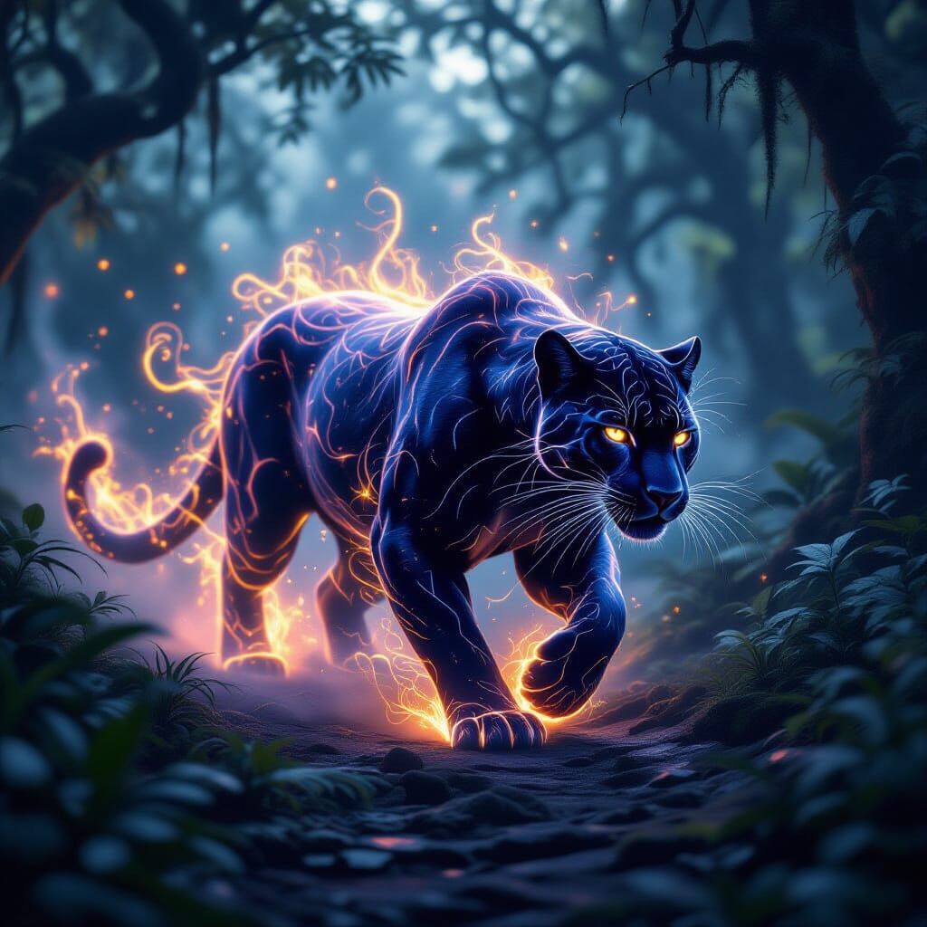 Bioluminescent Mist Panther in Mystical Rainforest