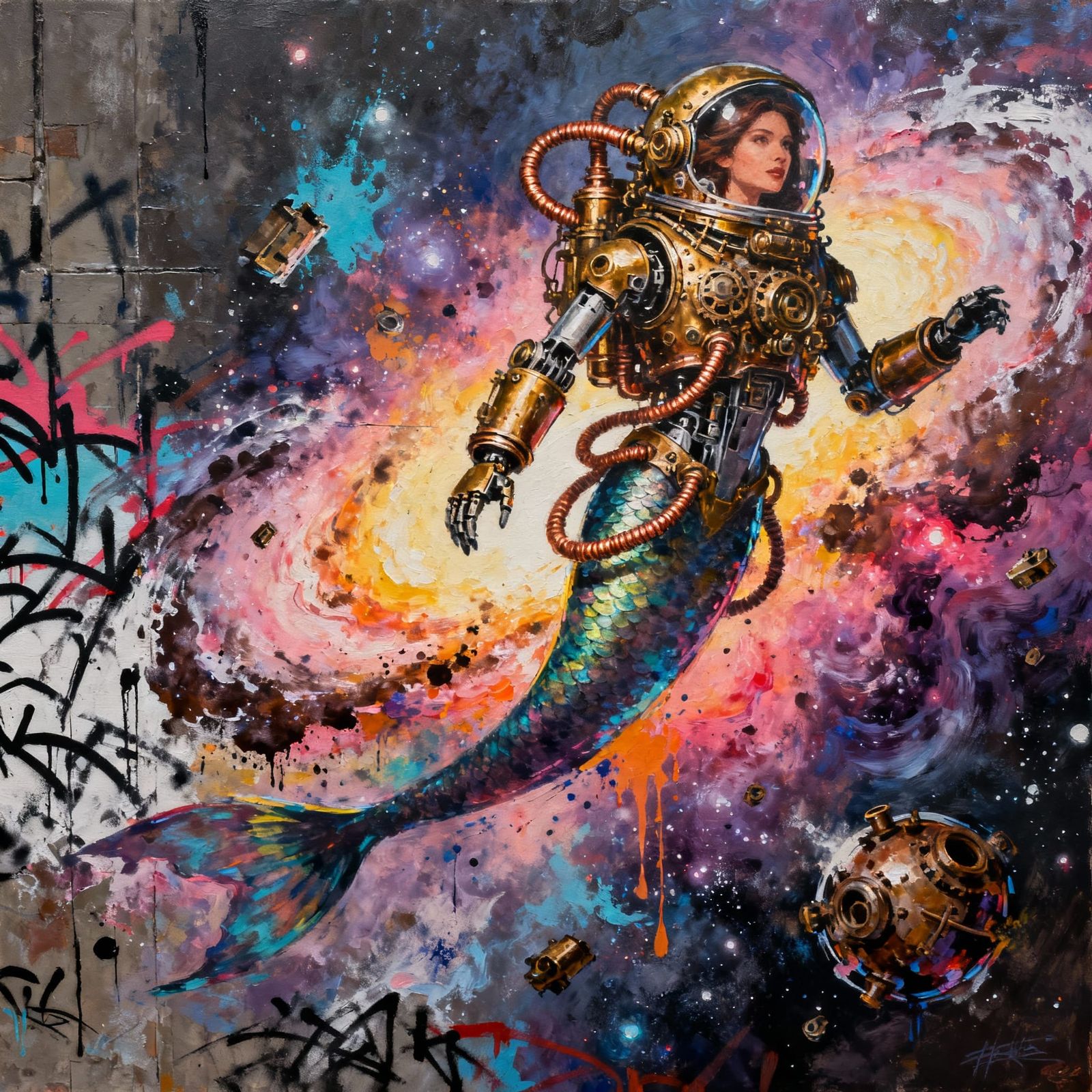 Steampunk Robotic Mermaid Flies Through Vibrant Nebula