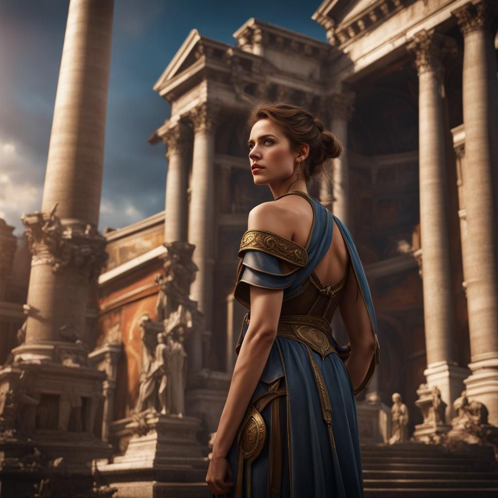 Beautiful Woman by Roman Landmarks in Detailed Painting