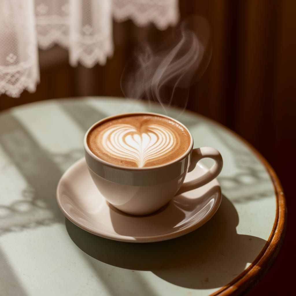 Warm Café Scene with Heart-Shaped Cappuccino