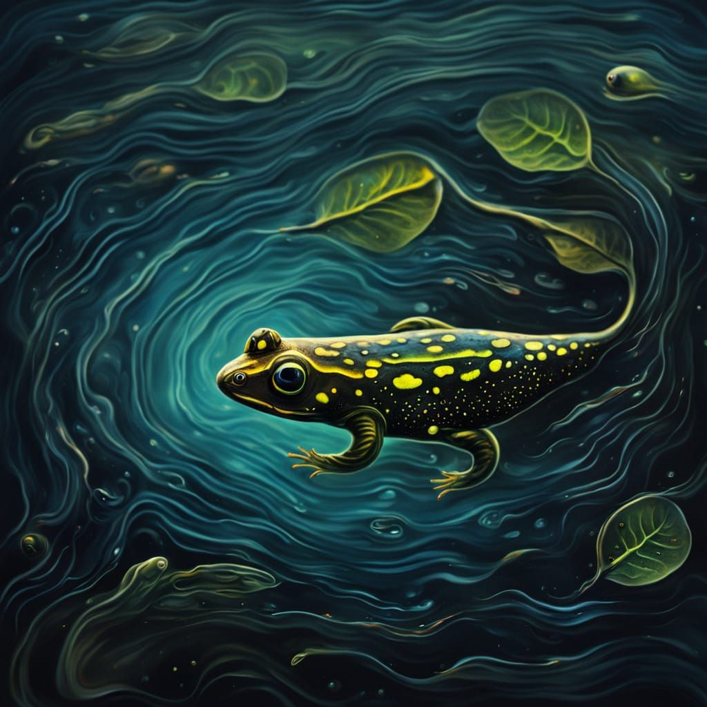 Mystical Tadpole in Dark Water, Vivid Oil Painting