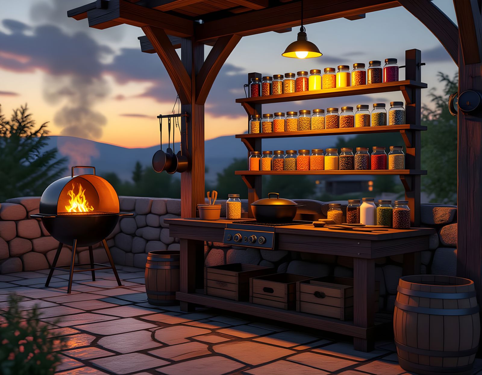 Rustic Outdoor Cooking Station at Twilight