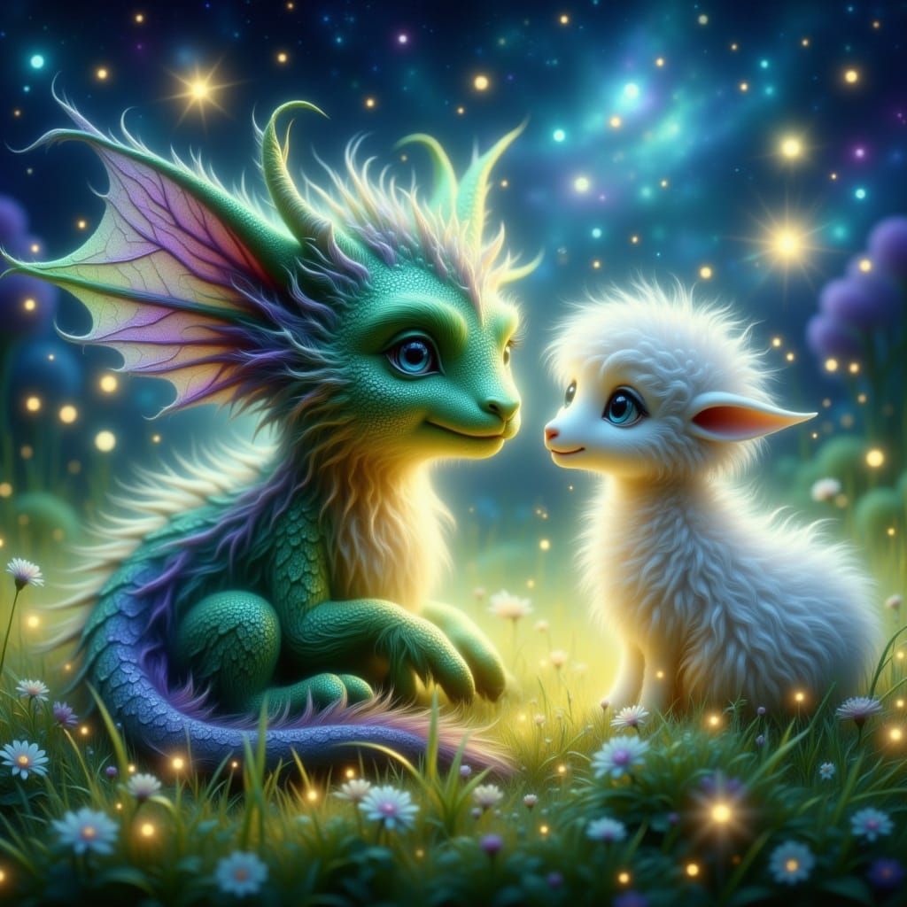 Dragon and Sheep Watch Fireflies Under Starry Night