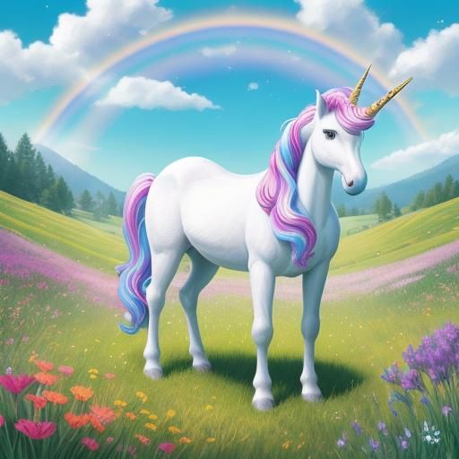 Smiling Unicorn in Sunny Meadow: Naive Art