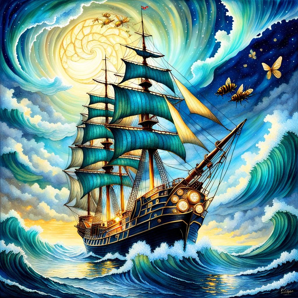 Tall Ships on Ocean Waves: Steampunk Fantasy Art