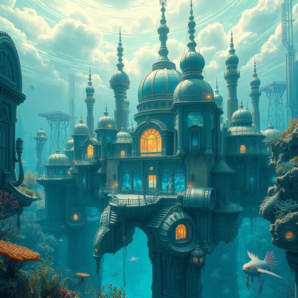 Mystical Underwater Metropolis with Bioluminescent Coral