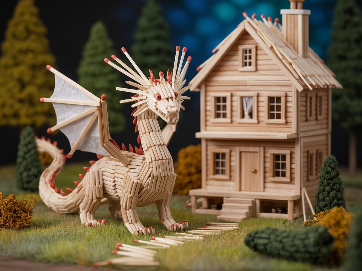 Charming Miniature Dragon Guarding Matchstick Cottage