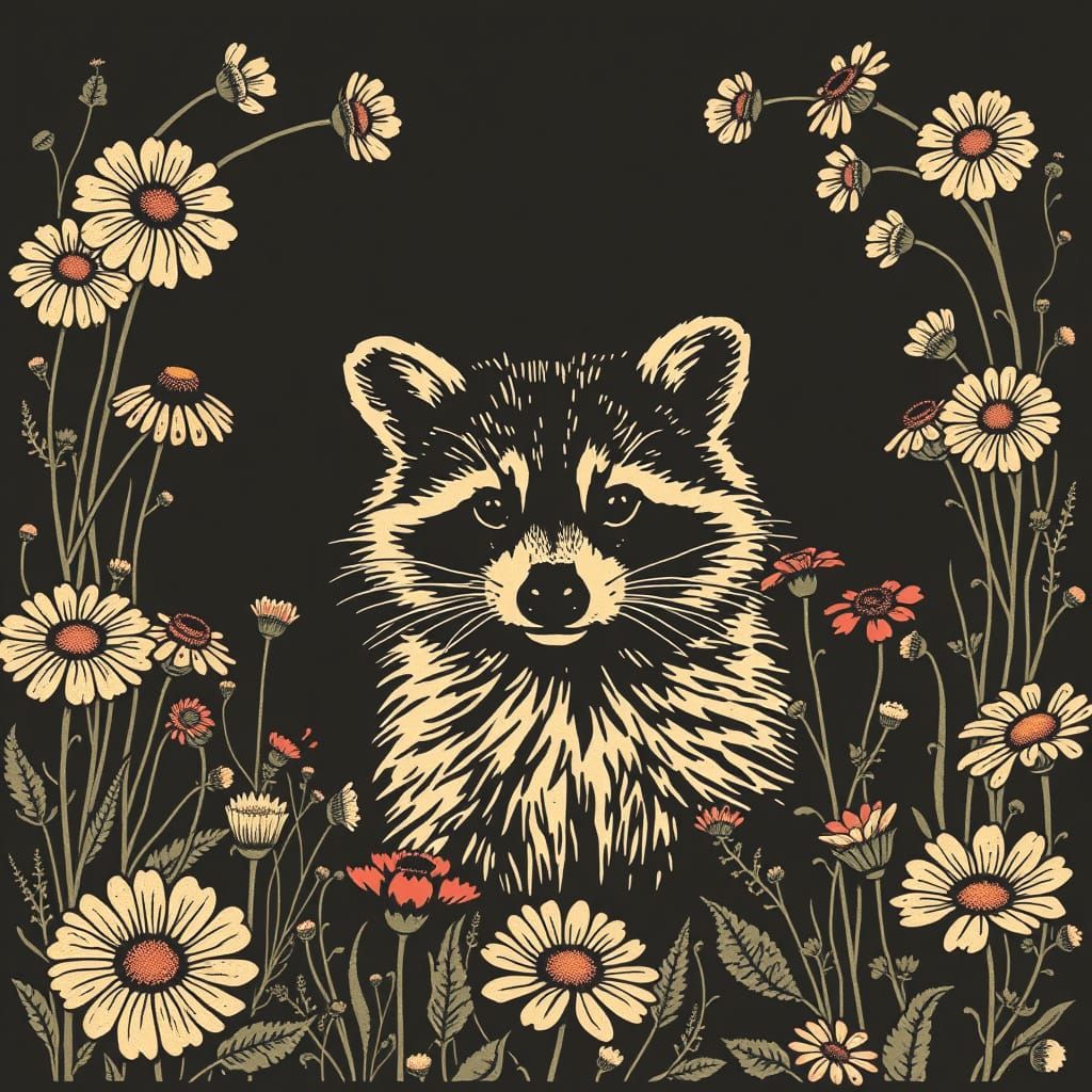 Mysterious Woodcut Tattoo Scene with Raccoon in Wildflowers