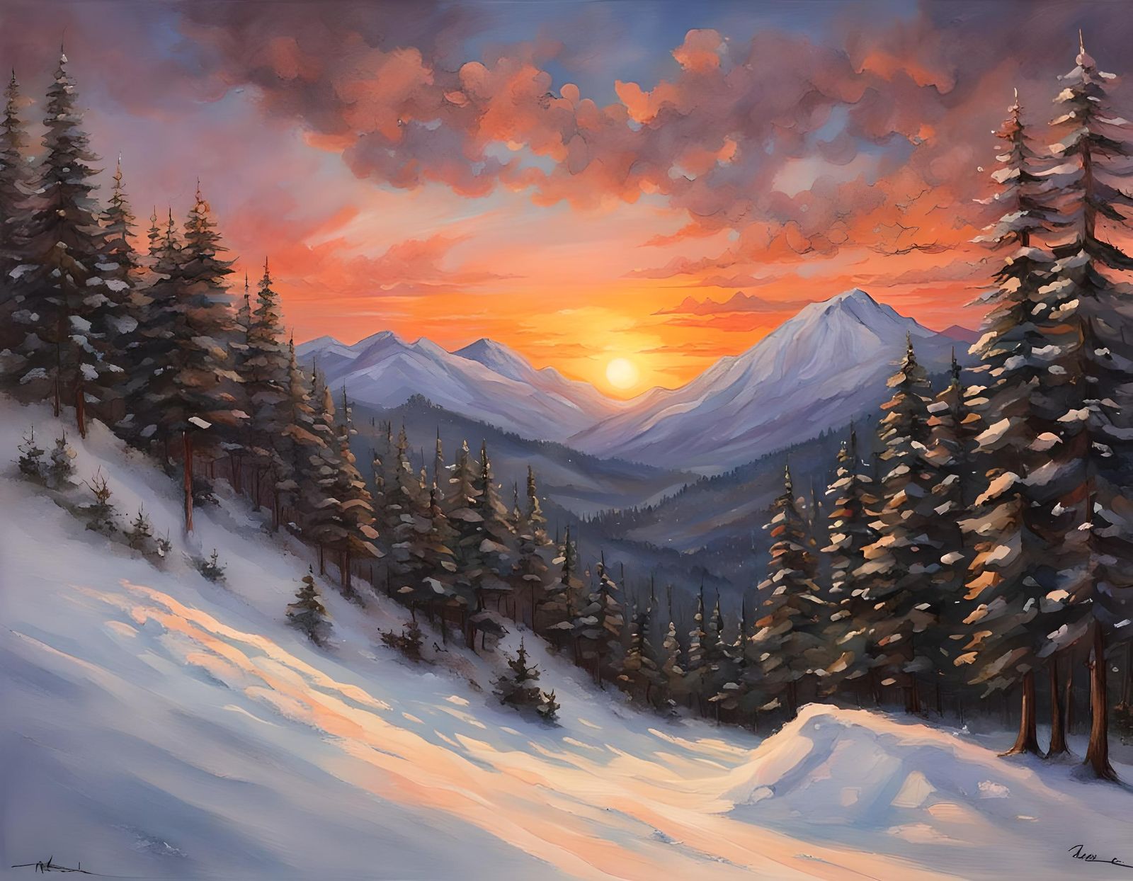 Majestic Sunset Over Snowy Mountain Peak