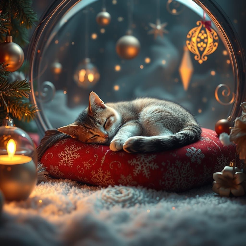 Surreal Christmas Cat in a Whimsical Snow-Globe World