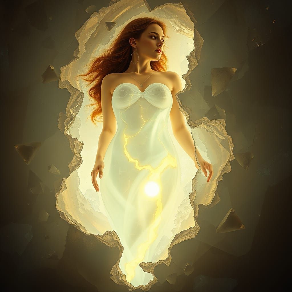 Ethereal Quartz Woman Emerging from Crystal Wall