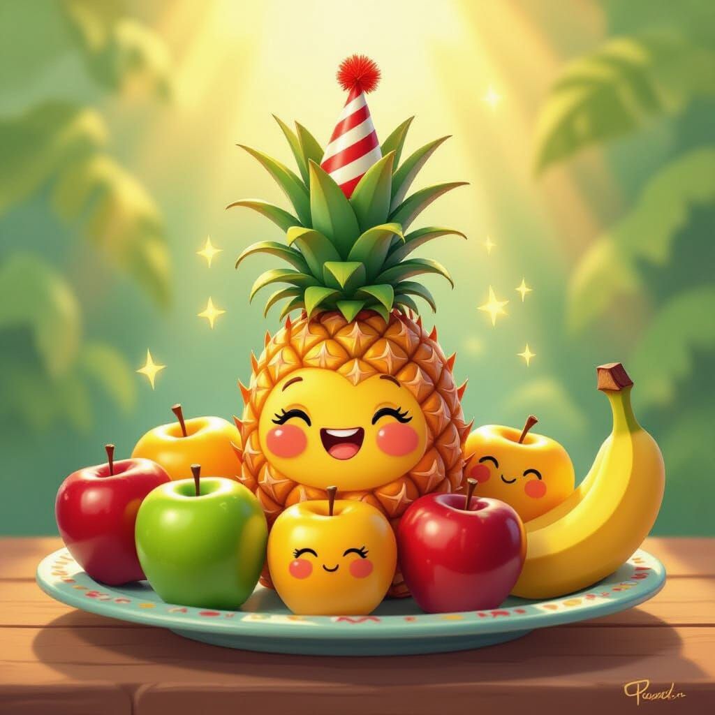 Anthropomorphic Pineapple Party with Fruit Friends