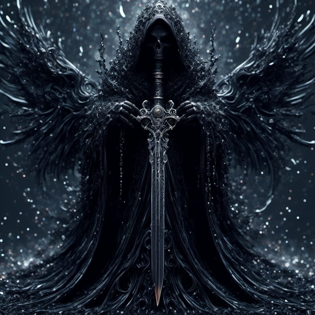 Gothic Grim Reaper with Sparkling Sword in Dark Ink