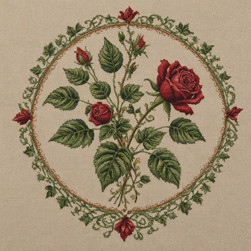 intricate detailed patterned cross-stitch of a deep red rose...