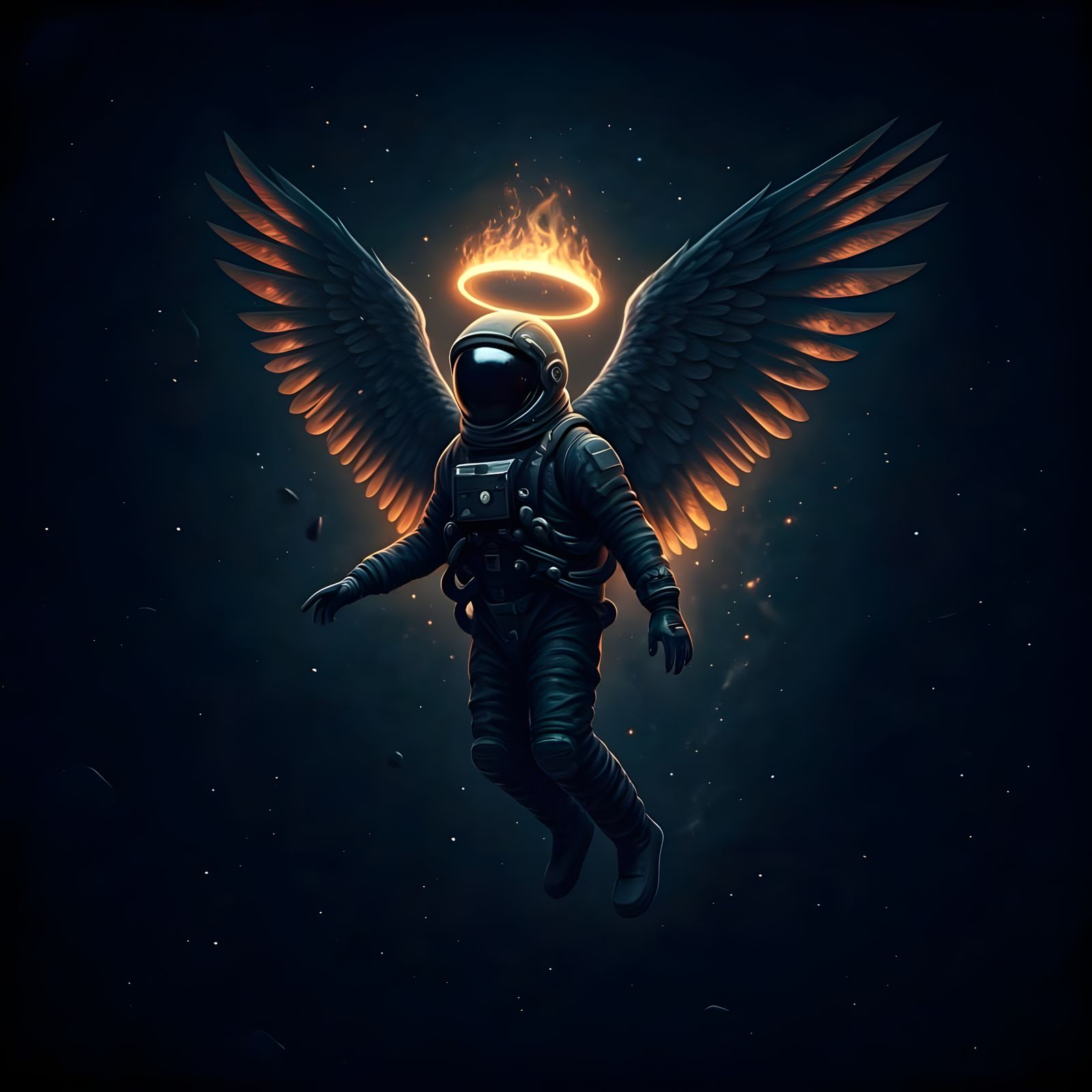 Lone Astronaut in Cosmic Starry Skies with Wings of Fire