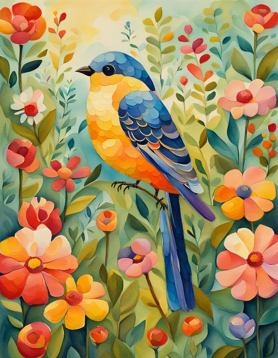 Whimsical Bird in Garden, Naive Folk Art Style