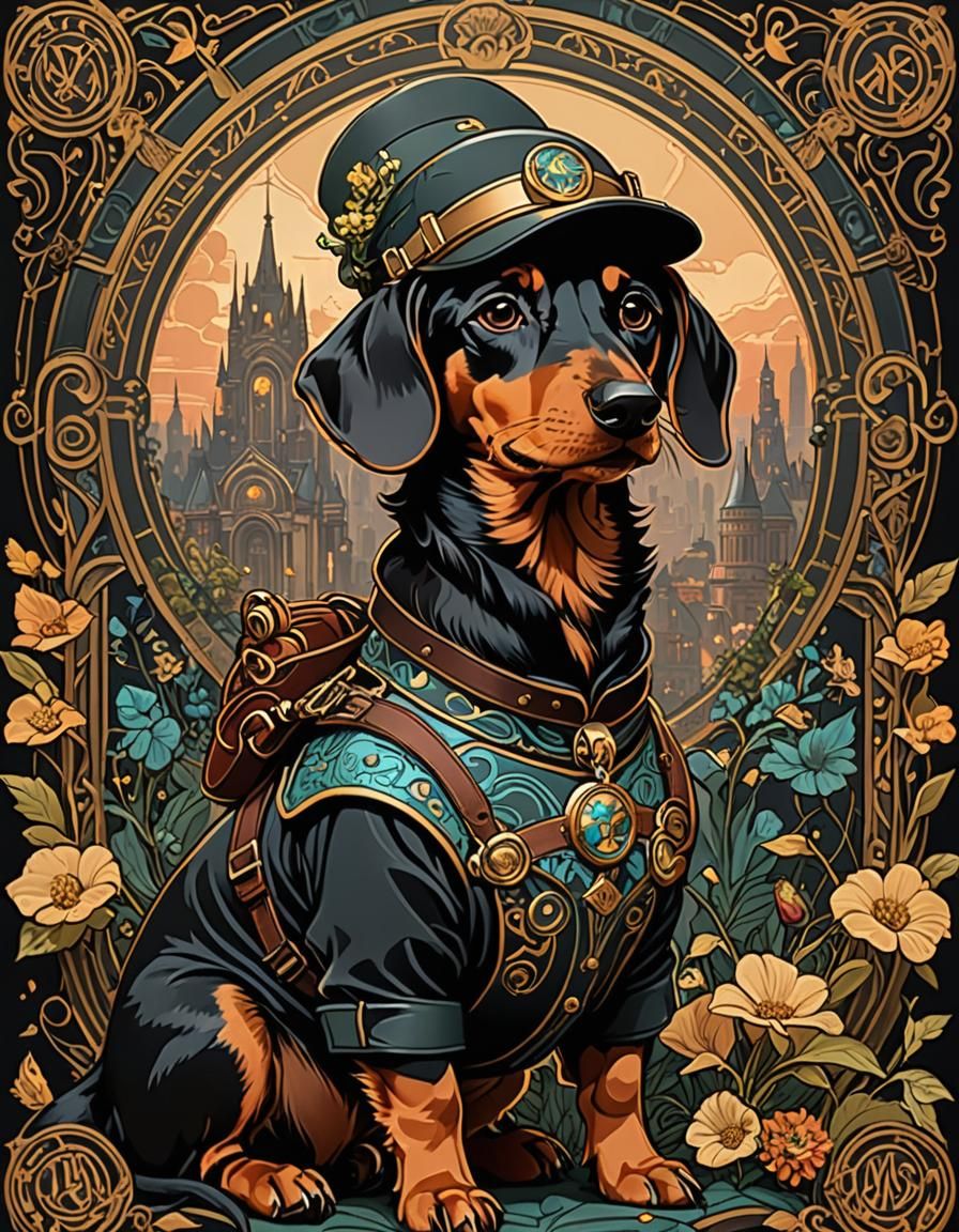 Dachshund Hunter in Art Nouveau Anime Style