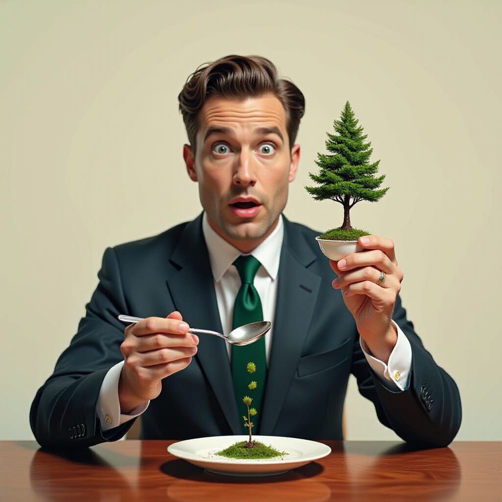 Astonished Man with Tree Growing on Spoon