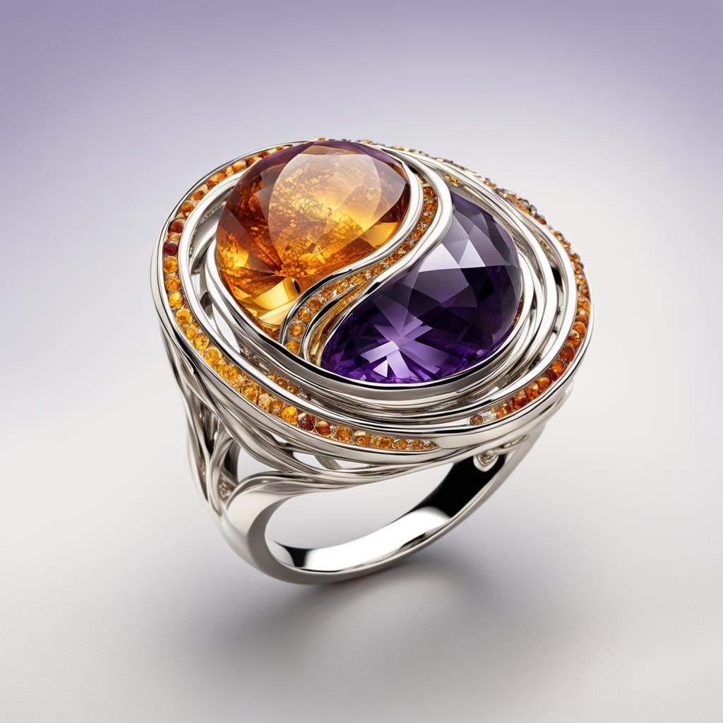 Amethyst and Amber Swirl Ring Design