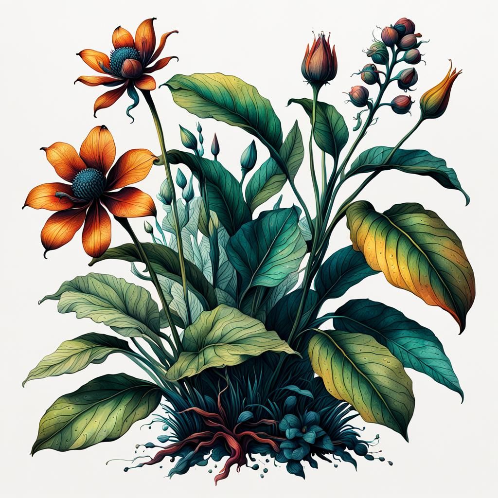 Colorful Ink Botanical Drawing: Detailed Digital Art