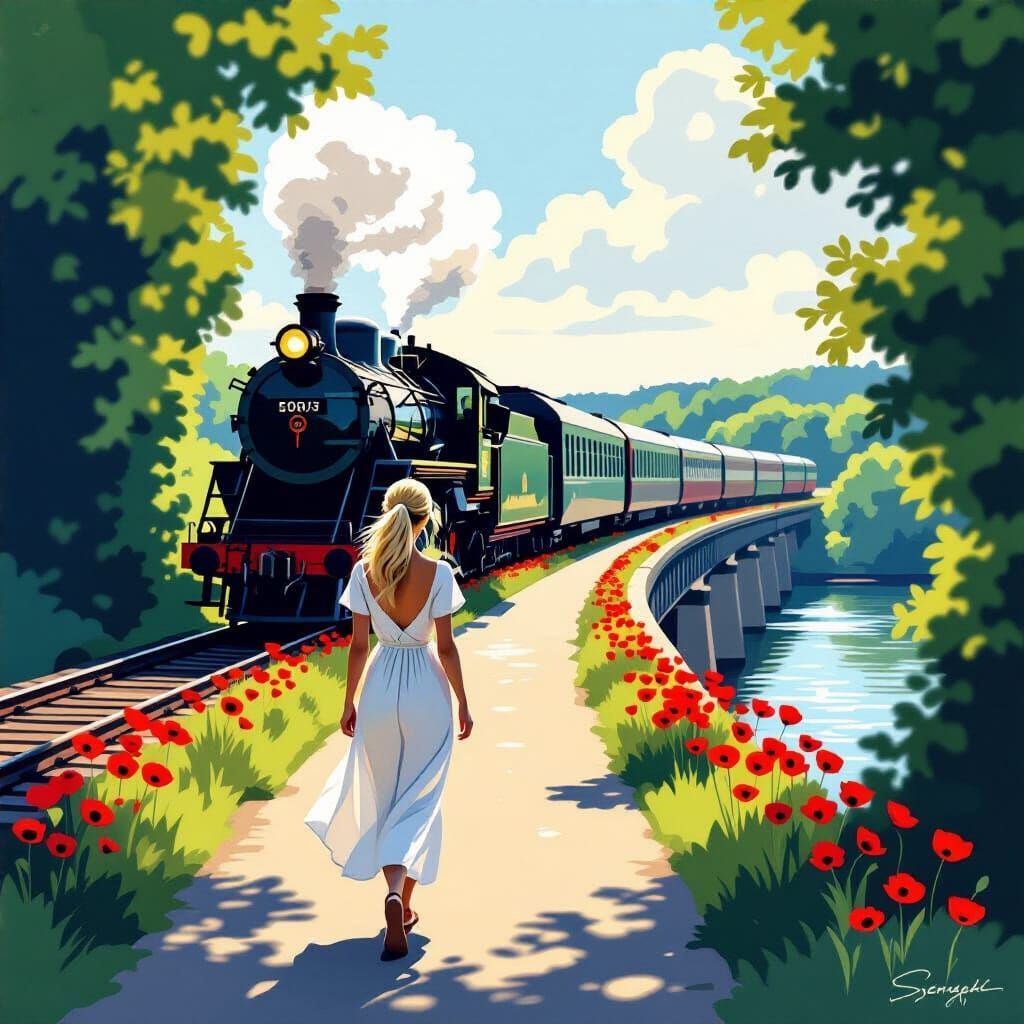 Woman in White Dress Strolling Beside Railway Bridge