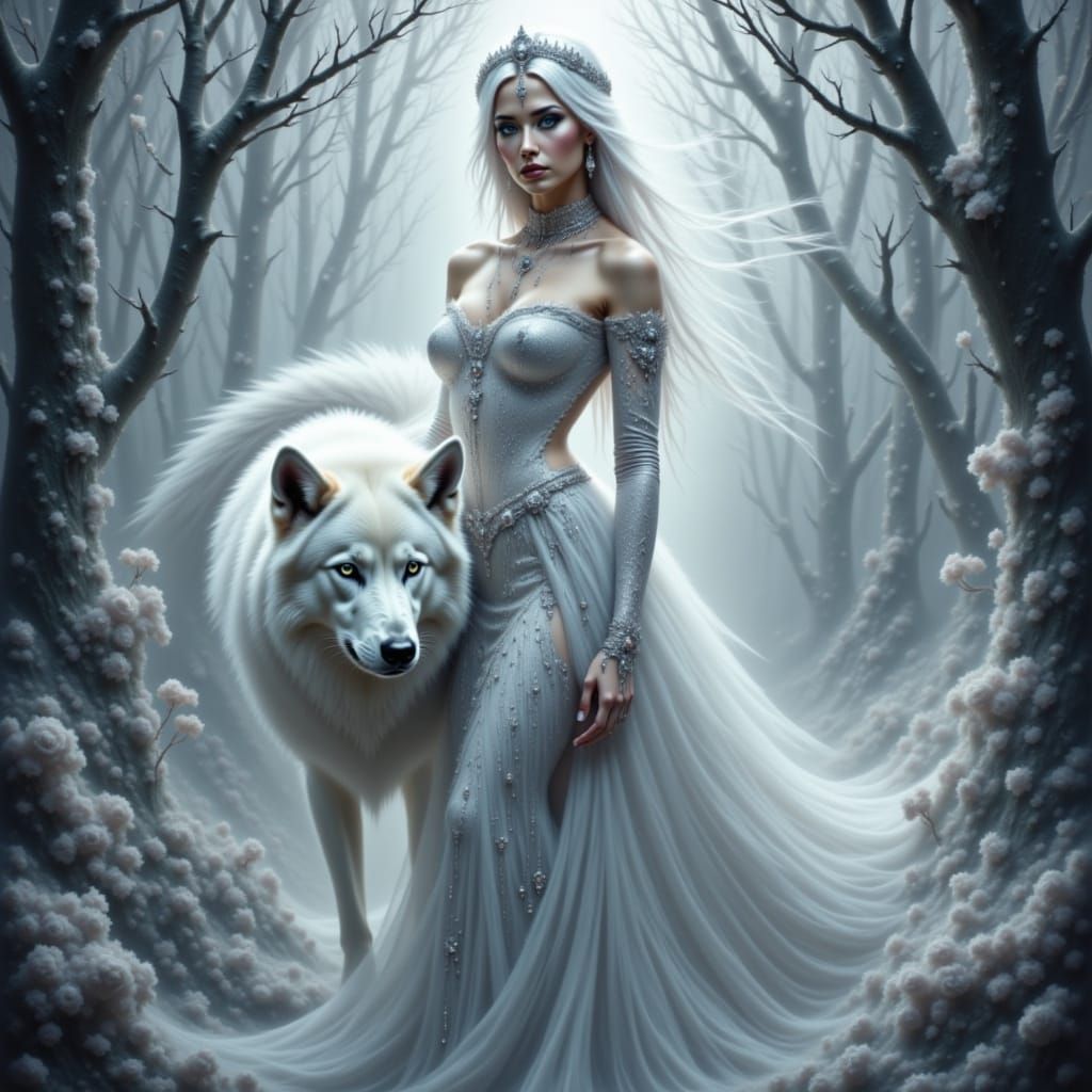 Queen of White Forest with Wolf in Ethereal Style