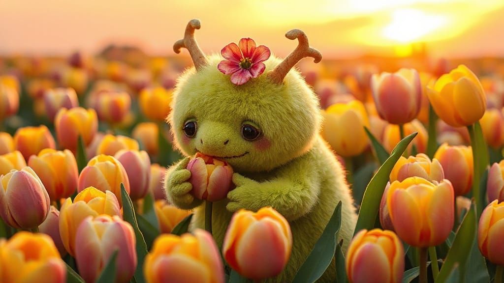 Whimsical Plush Monster Snacking on Tulip in Vibrant Sunset ...