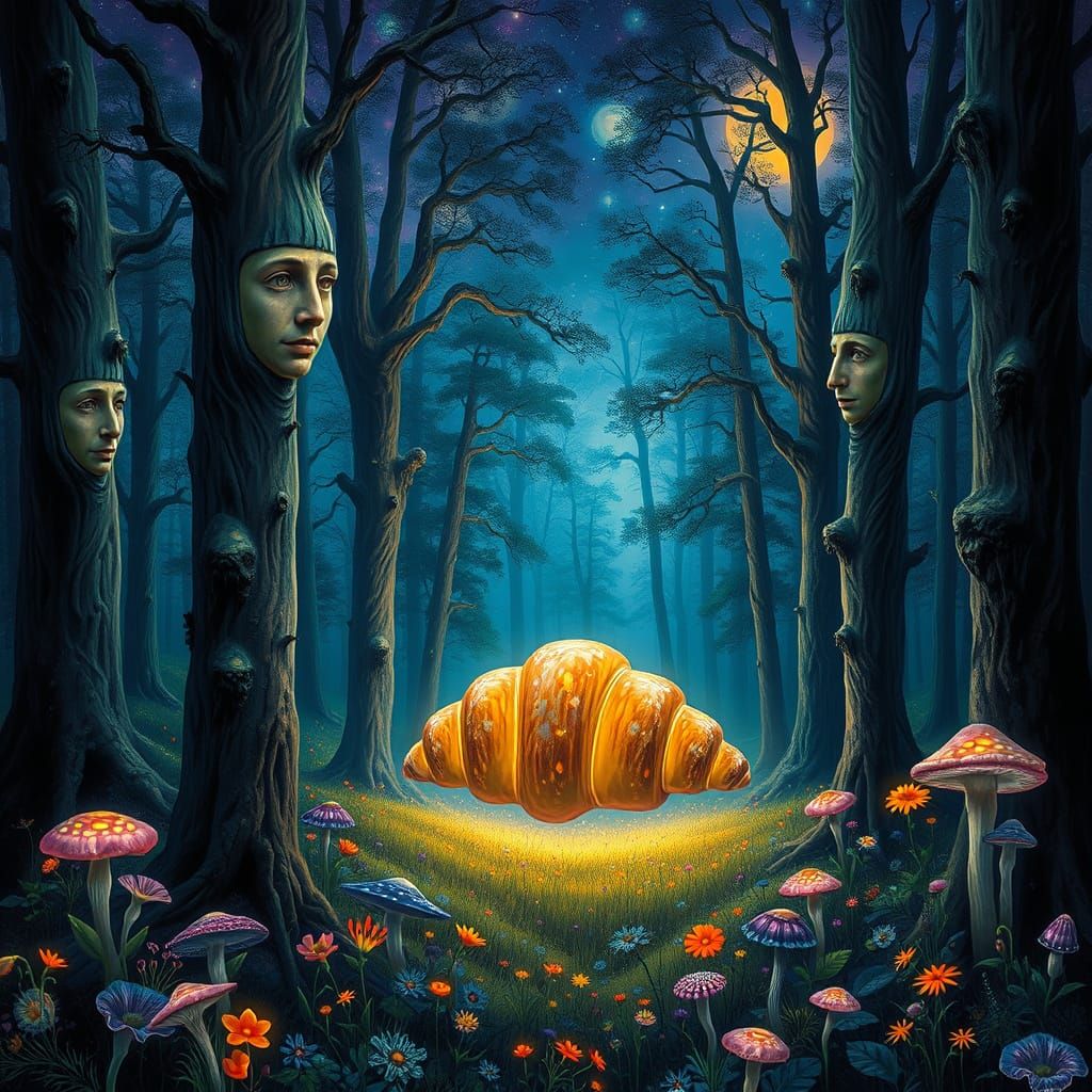 Mystical Forest with Floating Croissant in Psychedelic Style
