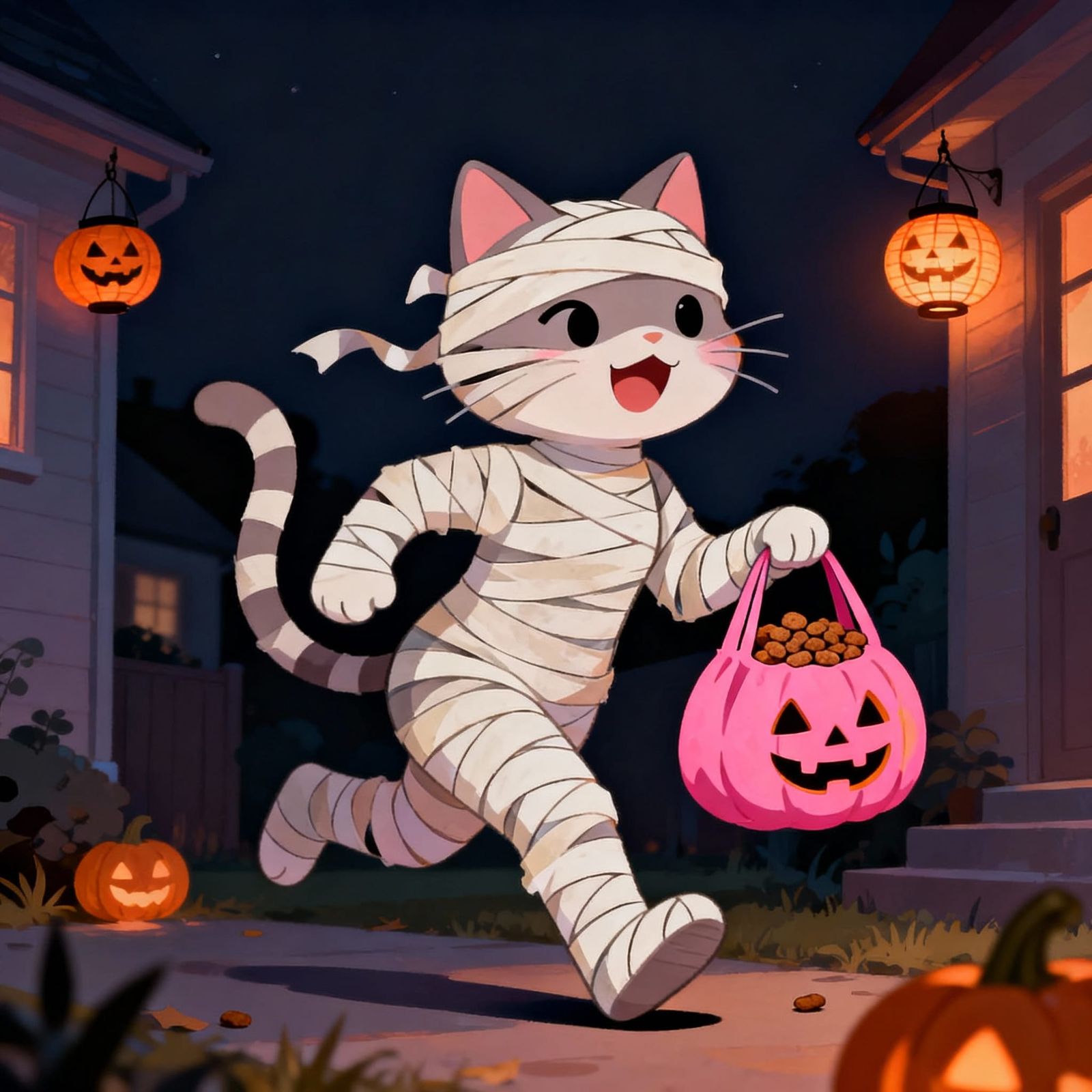 Cute Cat Mummy with Pumpkin Bag