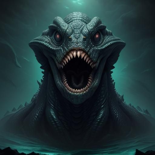 Gigantic Jormungandr Terrorizes Swimmer: Photorealistic Dark...