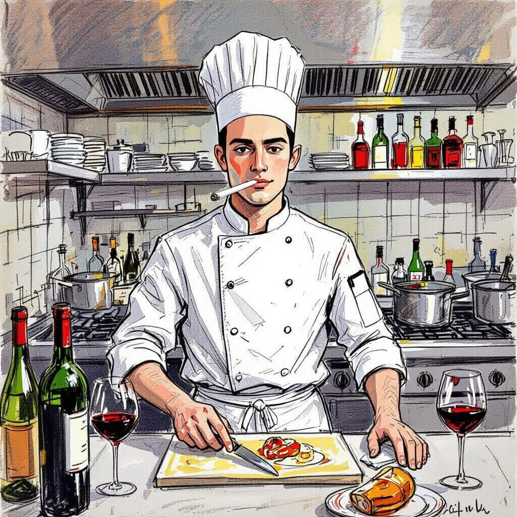Sketch of Man in Restaurant Kitchen with Drugs