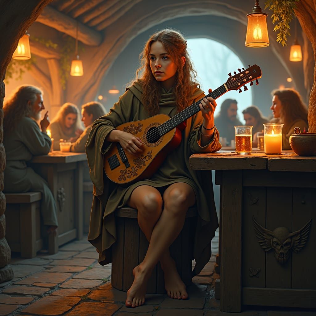 Hobbit Bard in Bustling Tavern, Matte Painting