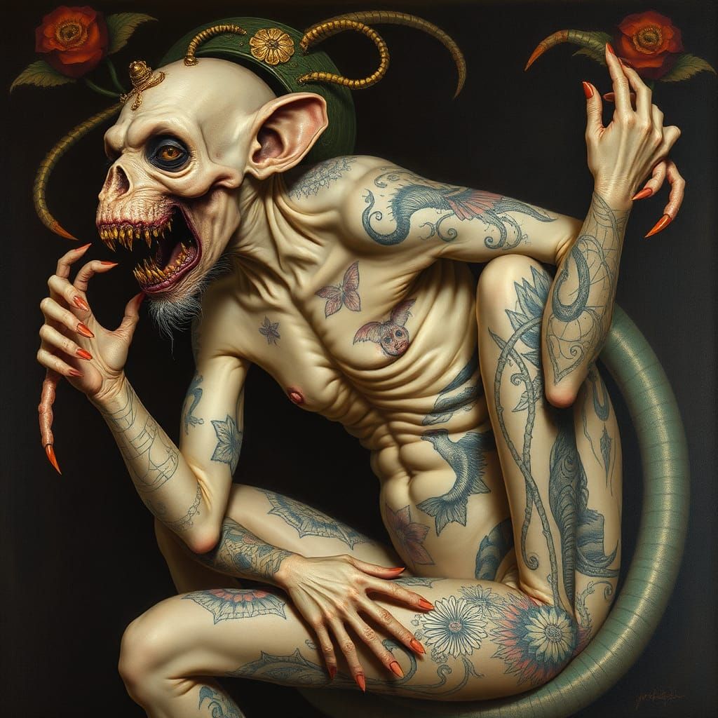 Surreal Tattooed Albino Contortionist in Fantasy Style