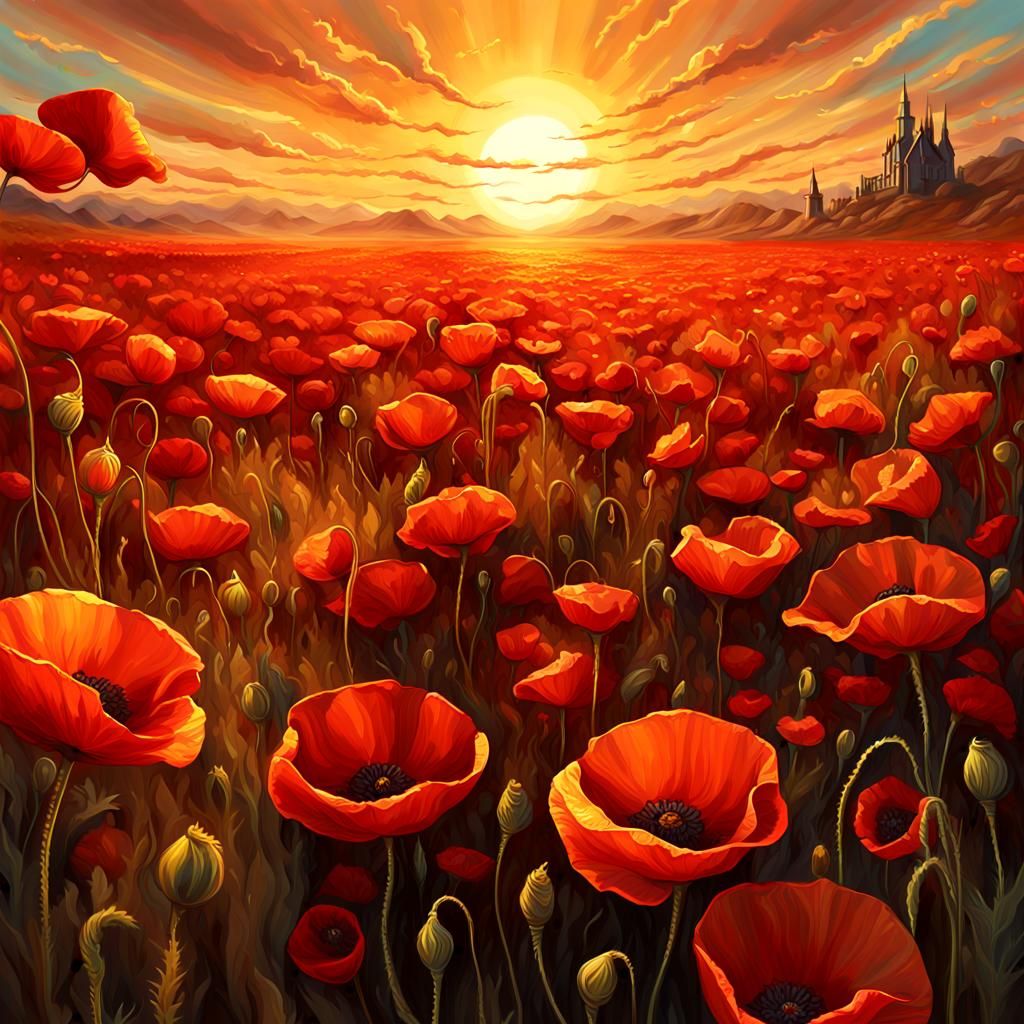 Poppy Field Painting in Tempera Style