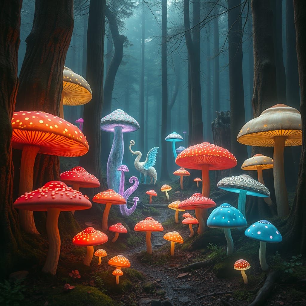 Glowing Mystical Mushrooms in Whimsical Forest