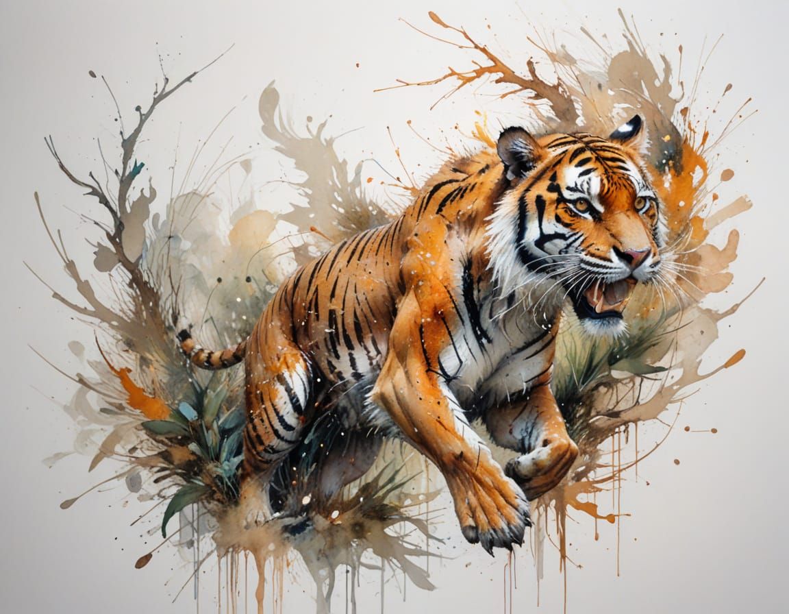 Bengal Tiger Pounces on Deer in Jungle, Dramatic Lighting