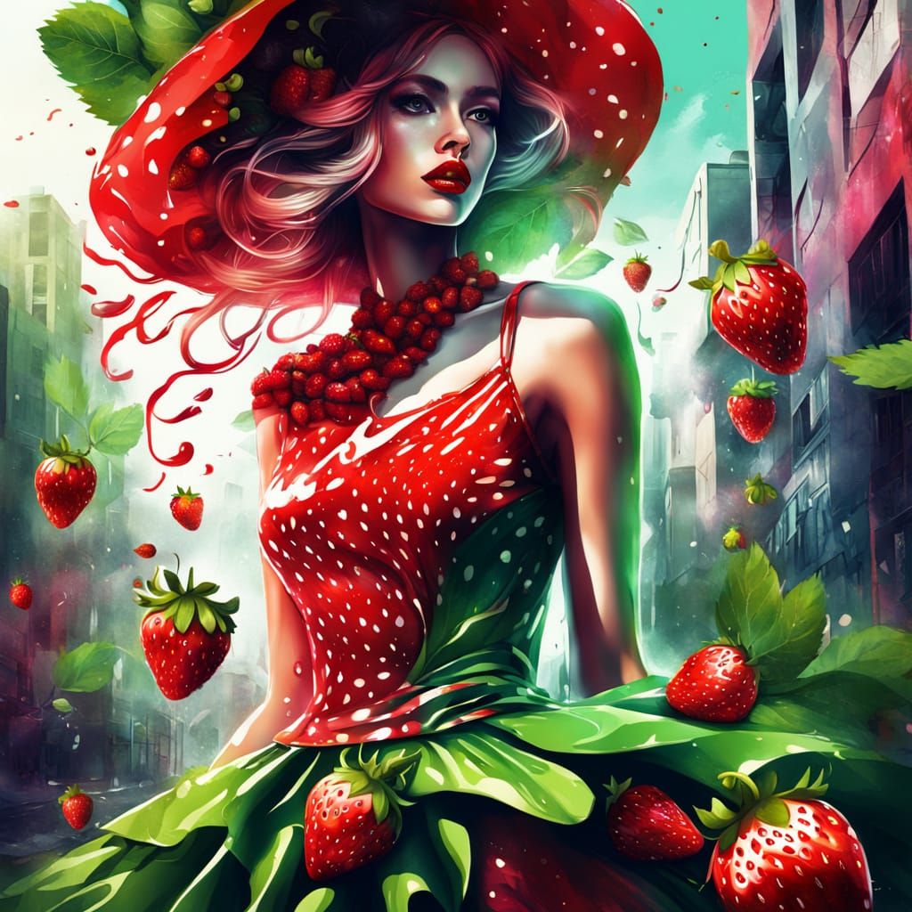 Strawberry Gown: Surreal Fashion in Graffiti Art Style