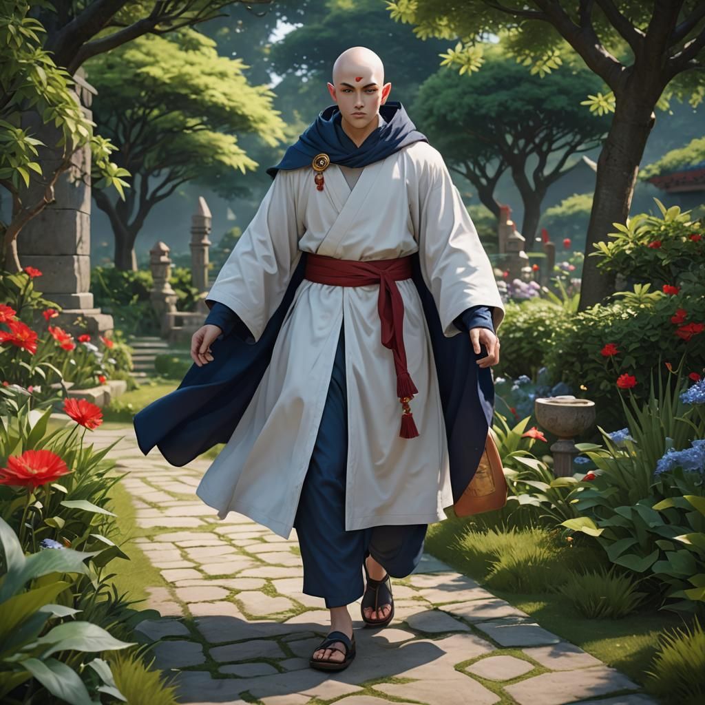 Elegant Elf Monk in Garden, 3D Anime Art