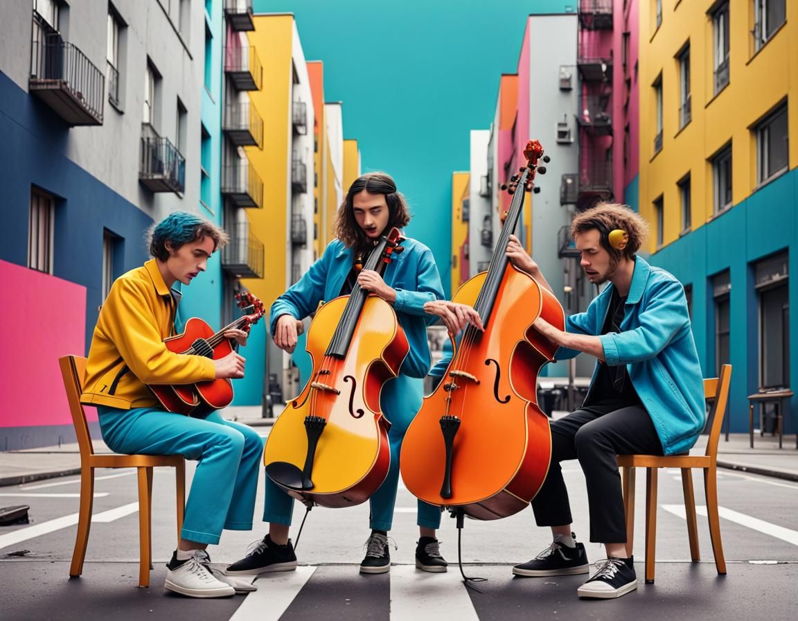 Friends Playing Music in Geometric Pop Art Style