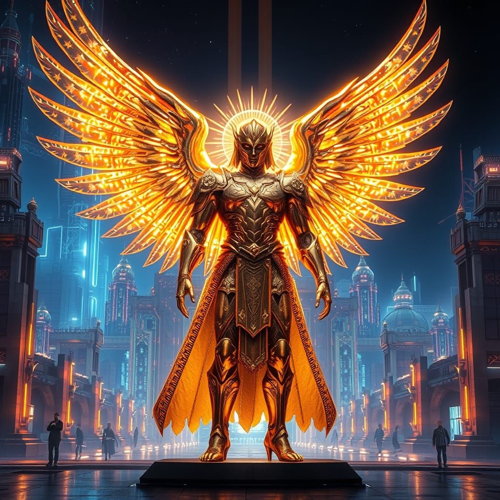 Archangel Uriel Guards Cyberpunk City Gate