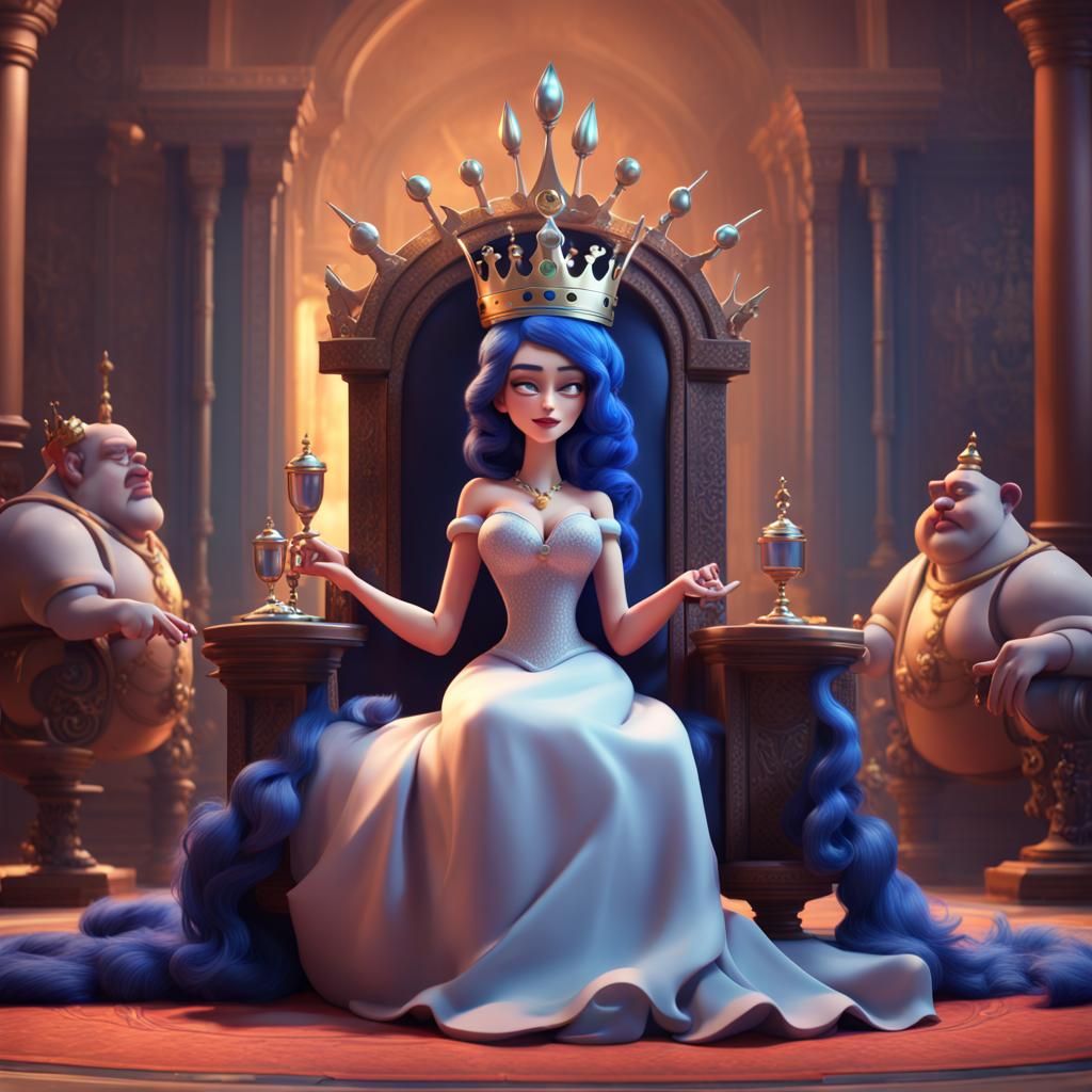 Blue-Haired Queen Pampered by Servants: 3D Art