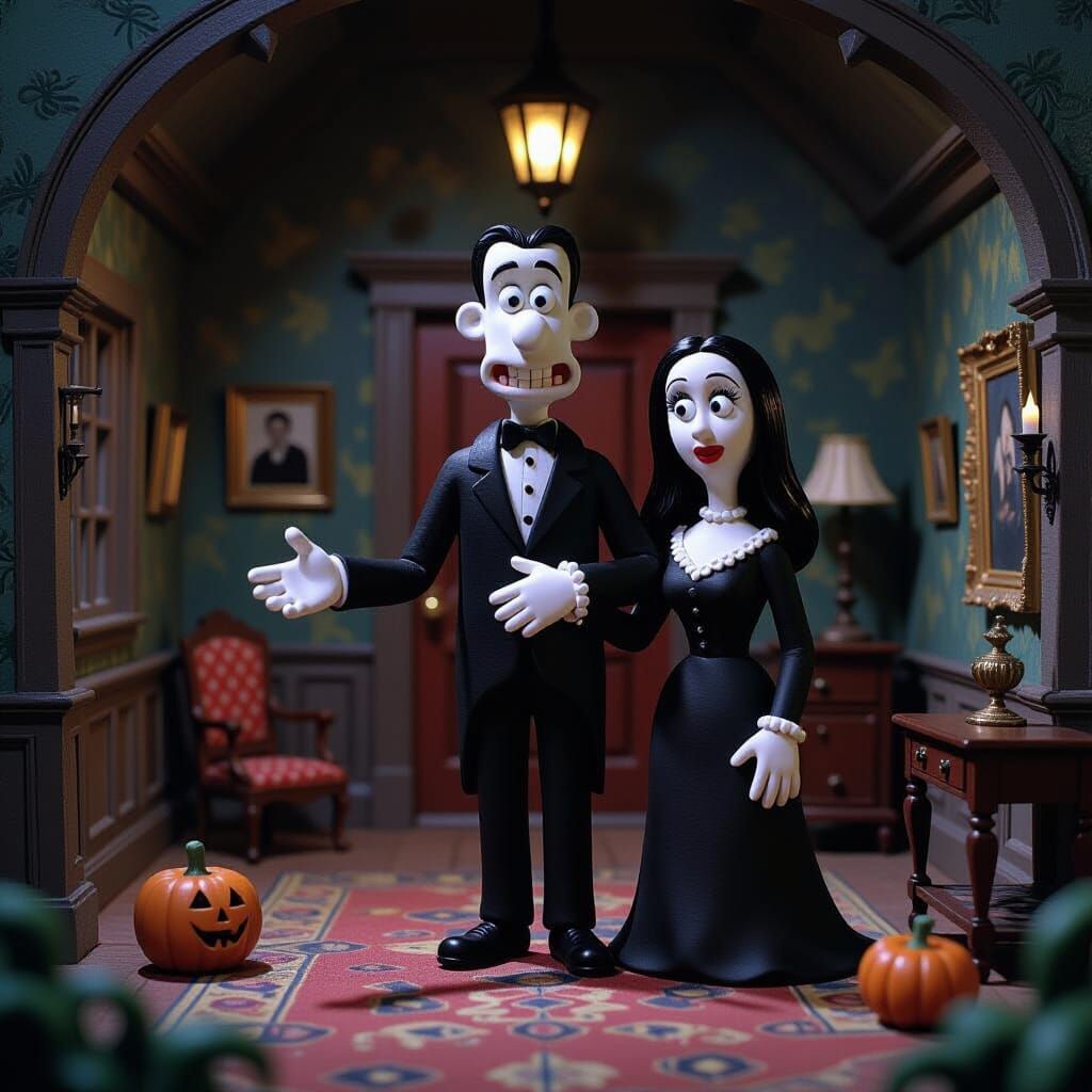 Gomez and Morticia Addams in Claymation Haunted Mansion