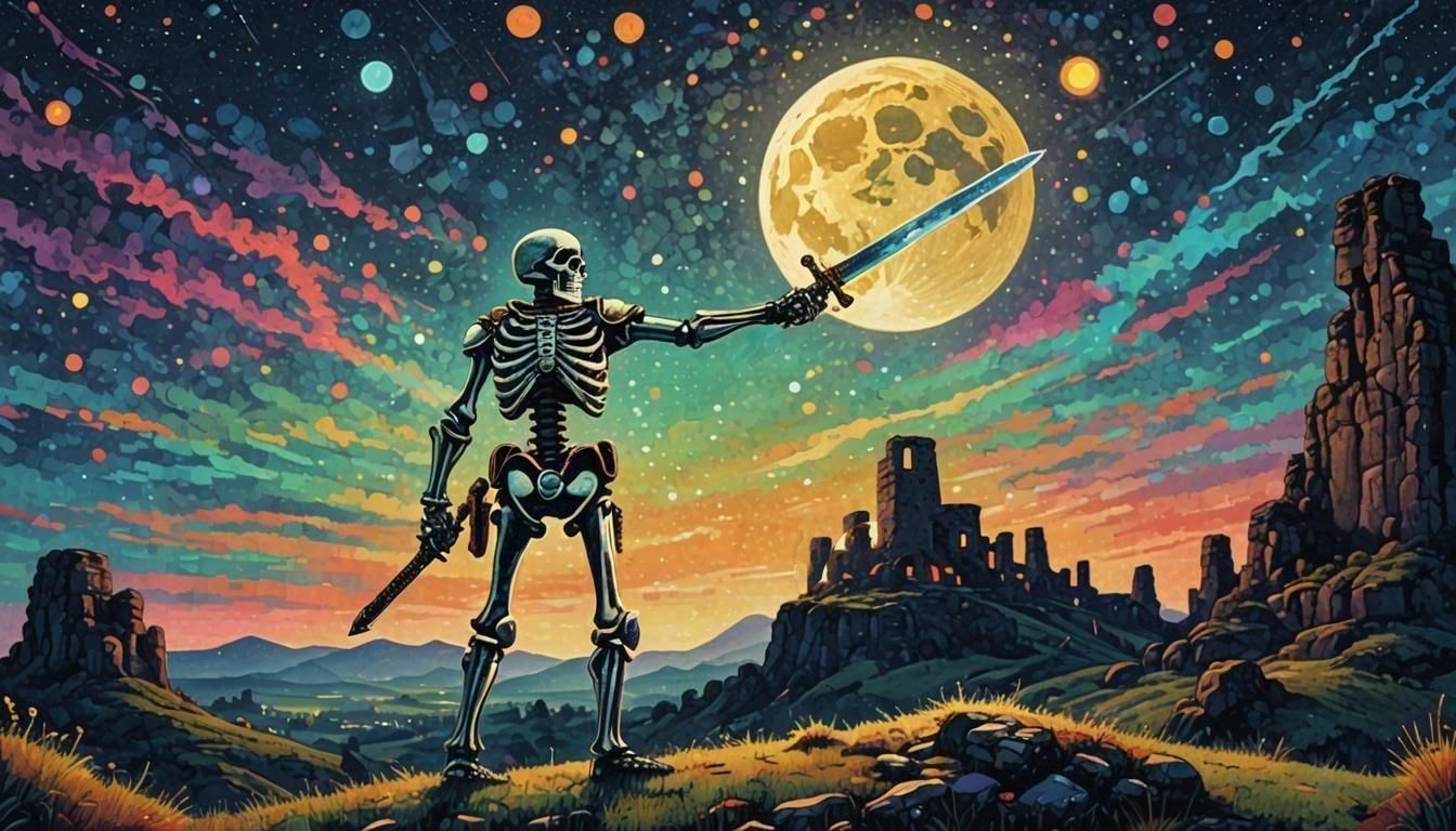 Skeleton Warrior in Moonlit Field: Pointillist Pop Art