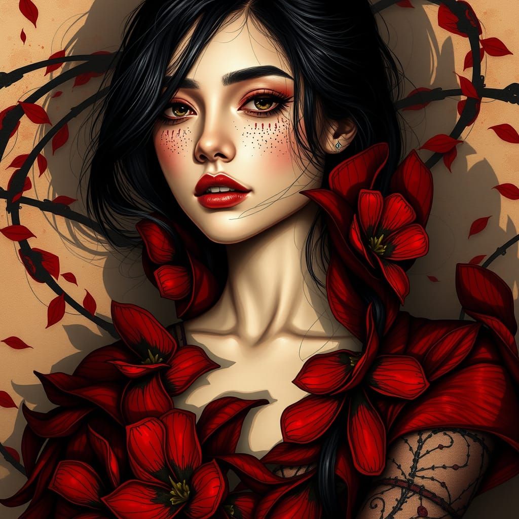 Woman in Red Flower Petal Dress, Dreamlike Art