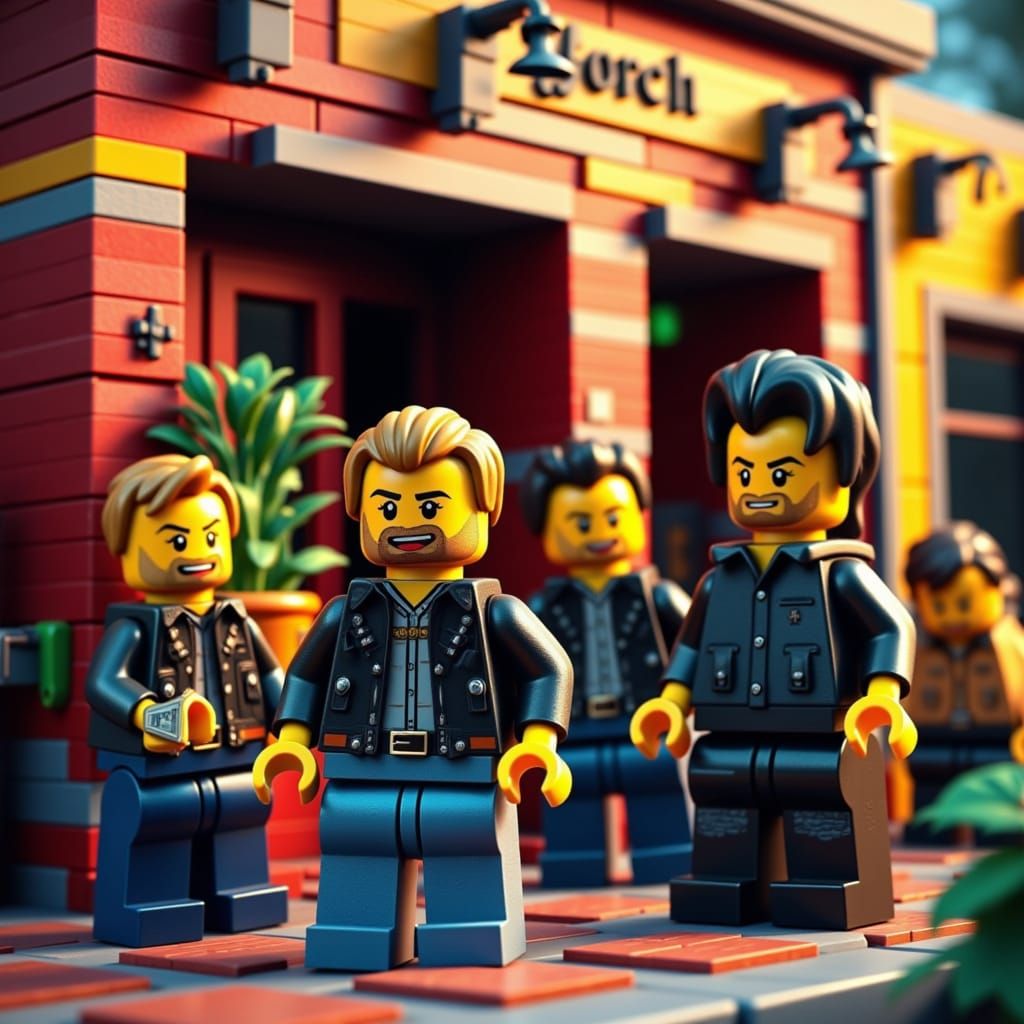 <lora:Lego action:1.0> biker gang outside of a pub LEGO