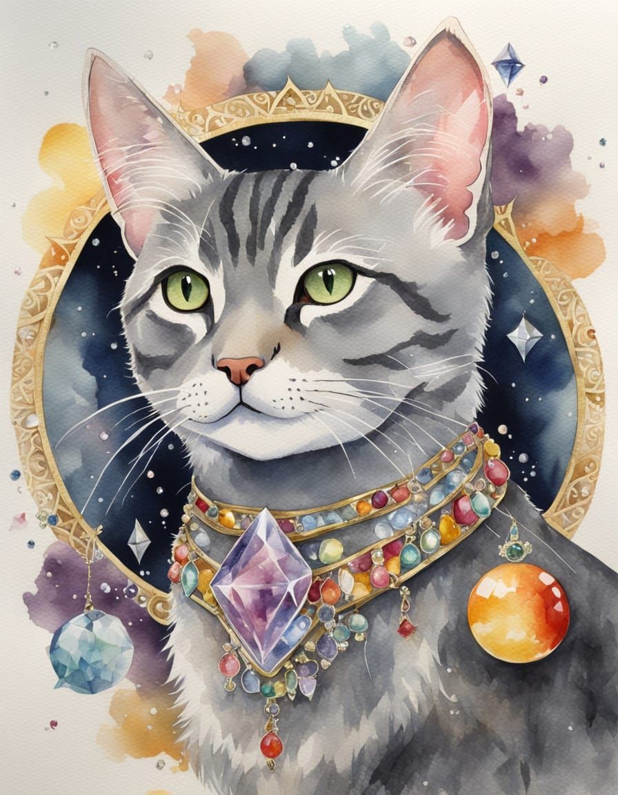 Magical Watercolor Scene with a Short Hair Gray Tabby Cat
